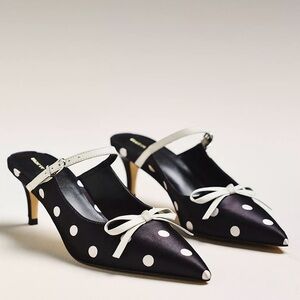Maeve Bow Kitten-Heel Mules | Black and White Polka Dot Size 7